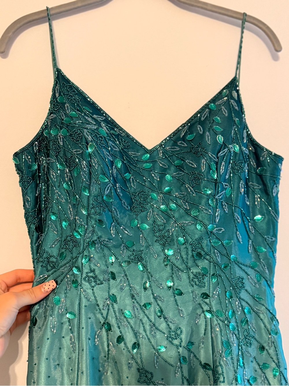 Beaded Teal Satin Strapless Slip Dress
